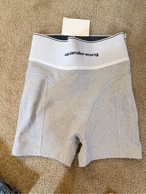 Alexander Wang Light Grey Ribbed High-Waist Bike Shorts with White Waistband